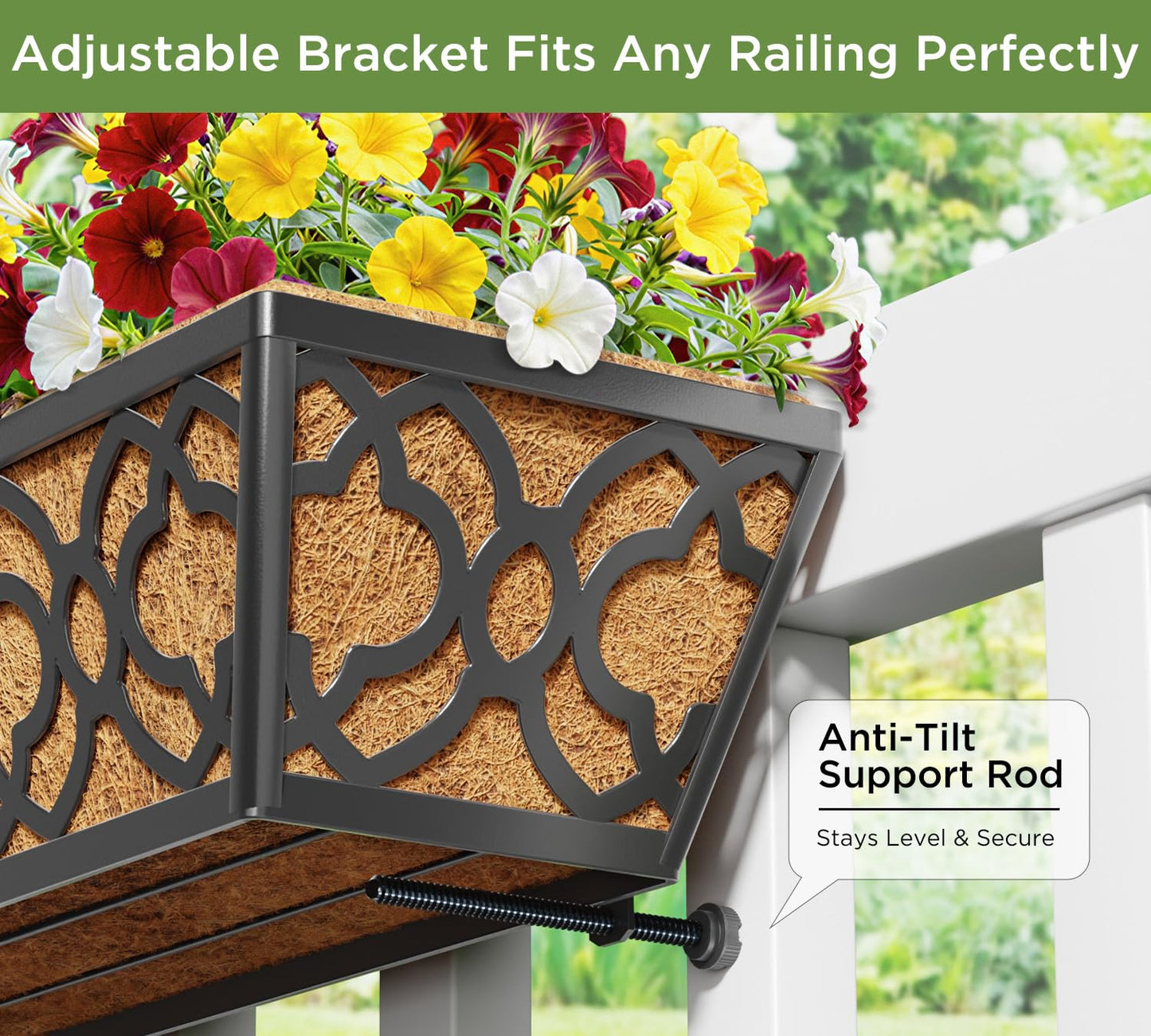 Y&M 4pcs 24 Inch Window Deck with Coconut Coir Liner, 24" Railing Planter Horse Trough Coco Basket Boxes Metal Hanging Flower Balcony for Outdoor Garden Fence Lawn