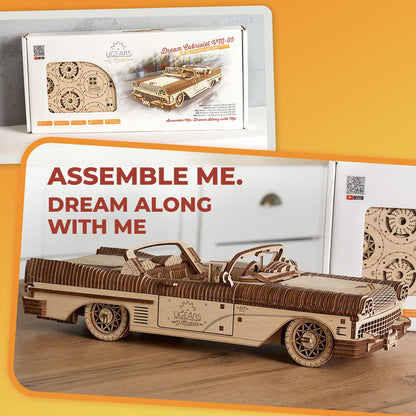 UGEARS Dream Cabriolet VM-05 Wooden 3D Puzzles for Adults - 3D Wooden Puzzles for Adults - Mechanical Model Car Kit - Retro 1950s Inspired DIY Craft, 3D Puzzle