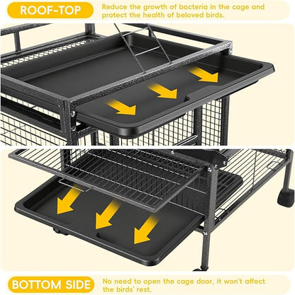 61" Large Parrot Cage with Rolling Stand, Wrought Iron Bird Cage for African Grey Macaw, Corner Design with Rooftop Play Area, Lockable Door & 360° Wheels, Heavy Duty Aviary Black