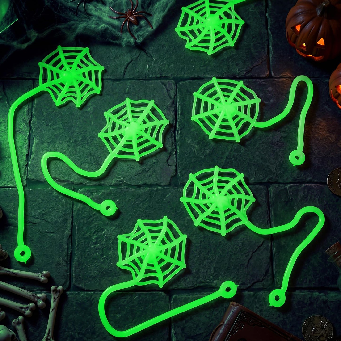 Thenshop 60 Pcs Halloween Sticky Spider Web Party Favors Glow in the Dark Sticky Web Hand Toys for Kids 6.3 Inch Goodie Bag Stuffers for Classroom Prizes Birthday Party Supplies