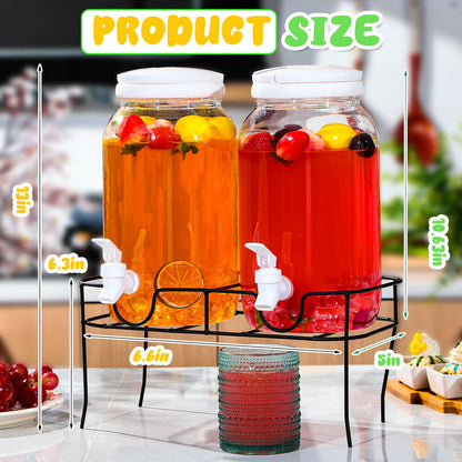 Tanlade 2 Pcs Plastic Drink Dispenser with Stand Beverage Dispenser with Sturdy Metal Base Juice Dispensers for Parties Lemonade Jar with Spigot for Weddings Countertop Water Tea, Each 1 Gallon