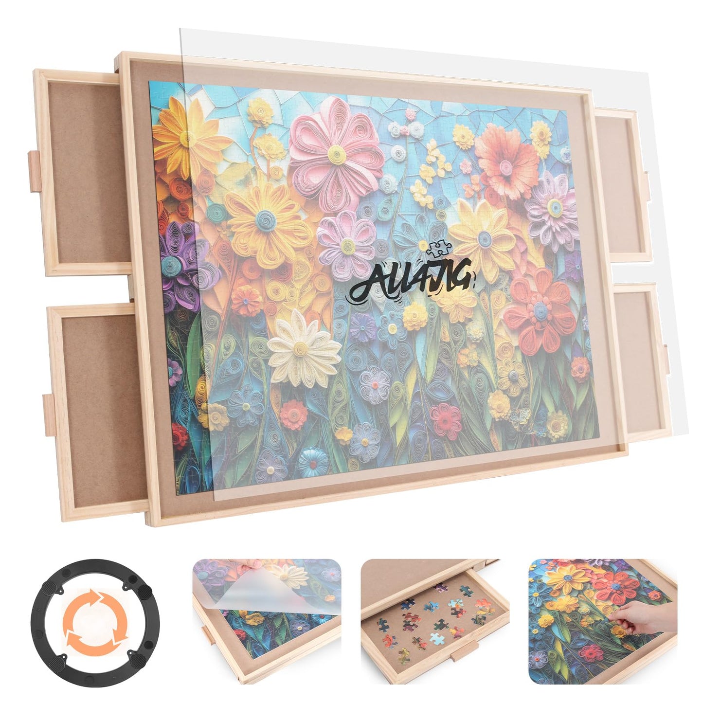 ALL4JIG 1500 Piece Rotating Puzzle Board with 4 Drawer 24.92"x33.58"Portable Wooden Jigsaw Puzzle Table for Adults,Lazy Susan Spinning Puzzle Boards Birthday Gift for mom,Surface for Lego Building