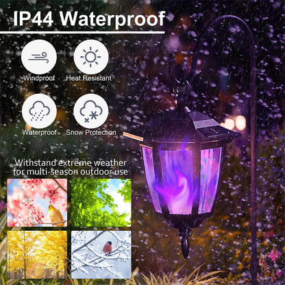 Dynaming 2 Pack Solar Halloween Flame Hanging Lights Outdoor, Flickering Flame LED Garden Lanterns with 2x38 Inch Shepherd Hooks, Landscape Lighting Waterproof for Lawn Yard Pathway Driveway, Purple