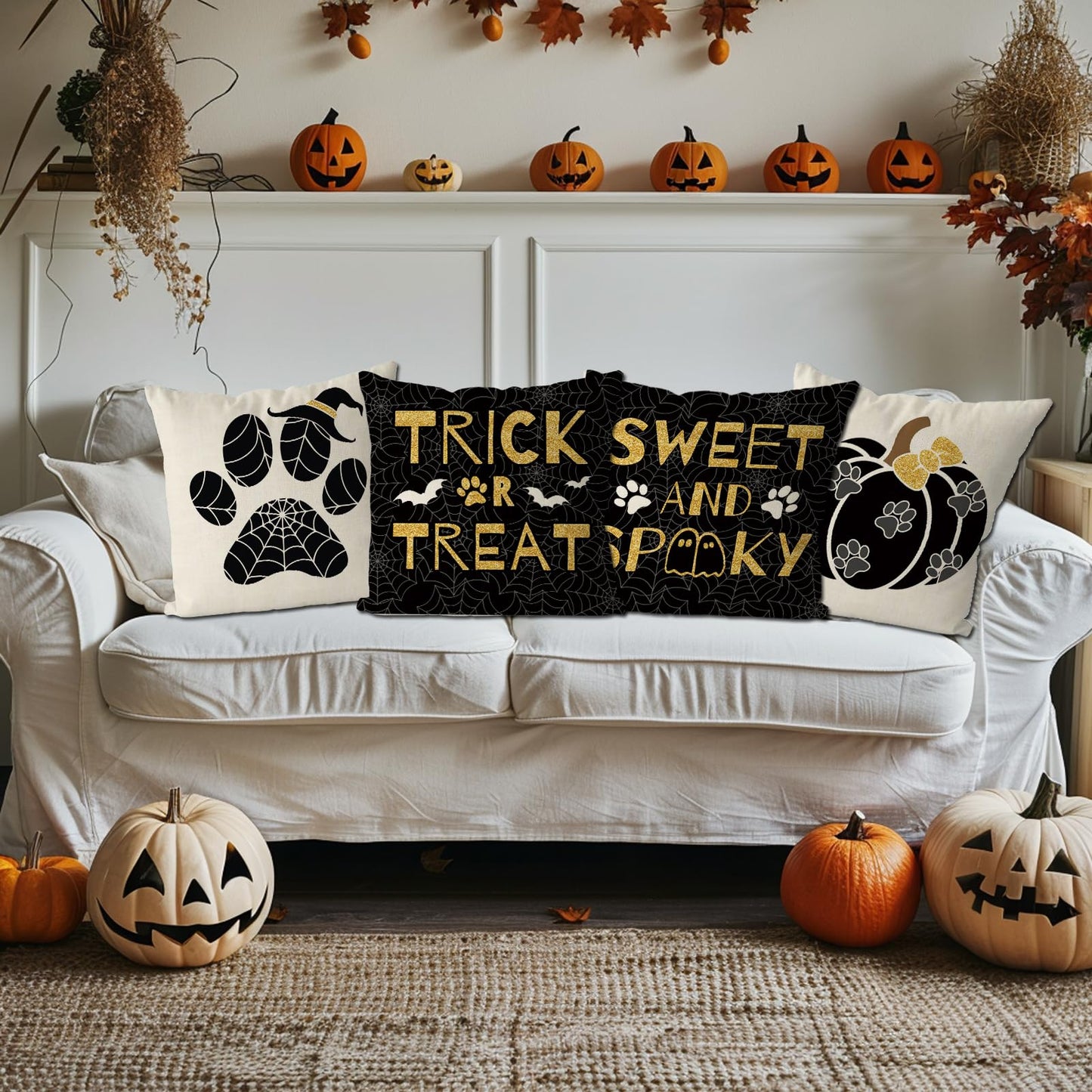 GAGEC Halloween Pillow Covers 18x18 Inch Set of 4 Dog Paws Pumpkin Throw Pillow Covers Holiday Farmhouse Pillowcase Couch Cushion Case for Indoor Outdoor Home Sofa Decor