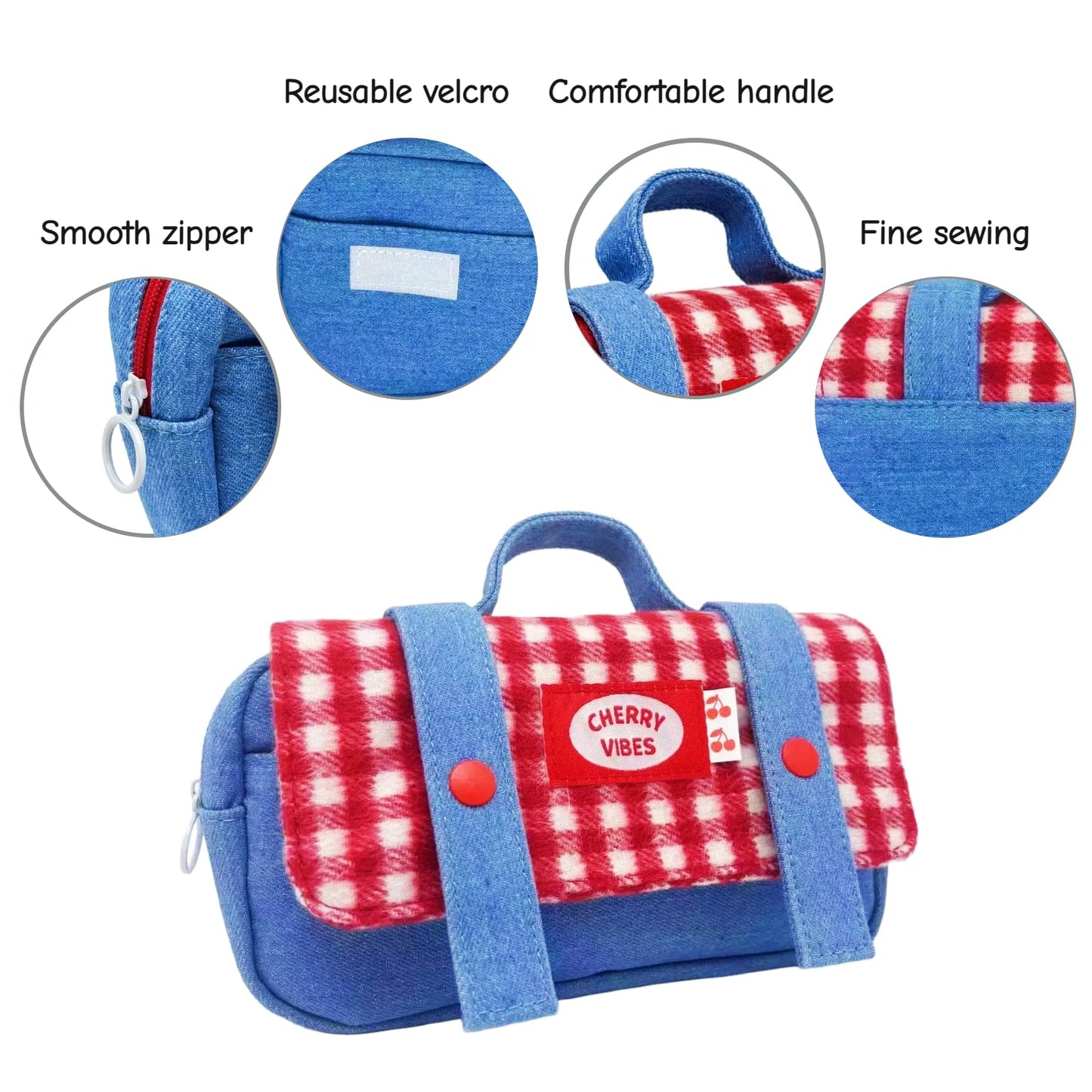 Haumei Cute Checkered Pencil Case, Red White Plaid with Denim Patchwork, Large Capacity Gingham Pattern Pen Bag with Handle, Big Stationery Organizer, Multi-Use Storage Pouch, 8.7x1.6x4.7 Inches, Blue