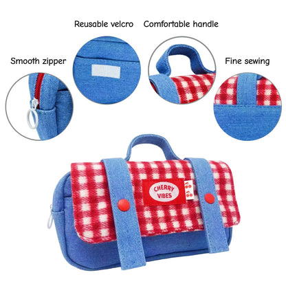 Haumei Cute Checkered Pencil Case, Red White Plaid with Denim Patchwork, Large Capacity Gingham Pattern Pen Bag with Handle, Big Stationery Organizer, Multi-Use Storage Pouch, 8.7x1.6x4.7 Inches, Blue