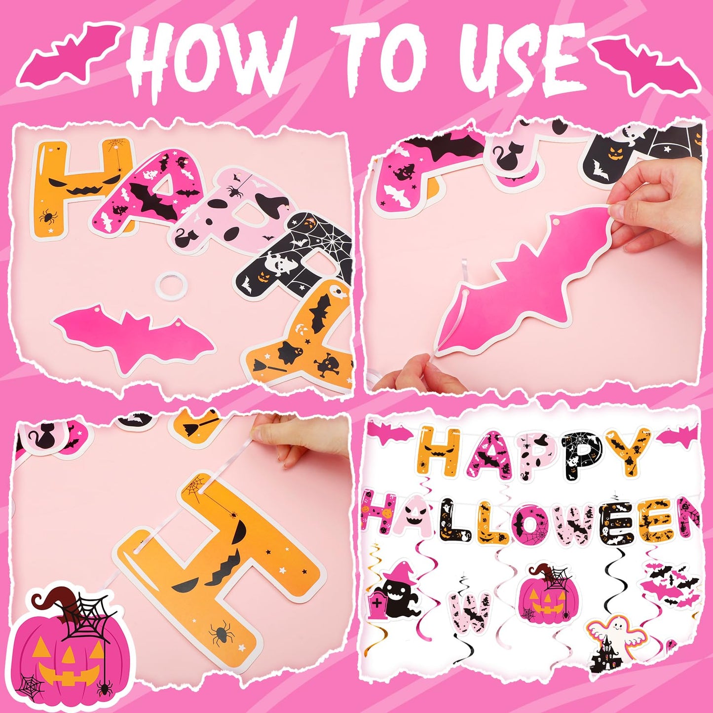 Halloween Spooky Girls Night Decorations Hot Pink Happy Halloween Banner with Hanging Swirls Cute Spider Web Pumpkin Bats Ghost Hanging Swirls Pink Party Decorations for Birthday Bachelorette Party