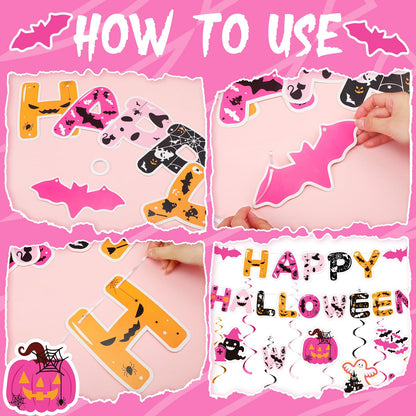 Halloween Spooky Girls Night Decorations Hot Pink Happy Halloween Banner with Hanging Swirls Cute Spider Web Pumpkin Bats Ghost Hanging Swirls Pink Party Decorations for Birthday Bachelorette Party
