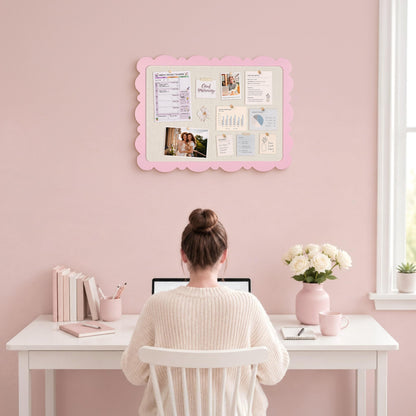 Marribol Scalloped Pin Board with Linen，18’’x24’’,Pink Pine Frame Bulletin Board for Office Home School Girls Dorm Decor, with 10 Cards,10 Pins