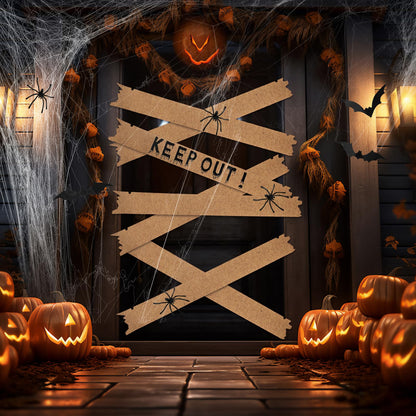 MotiMind Halloween Door Decorations Haunted Window Boards with "Keep Out" Board 3D Bat Stickers Simulation Spider Web Little Spider for Halloween Door Window Wall Terrifying Atmosphere Decor