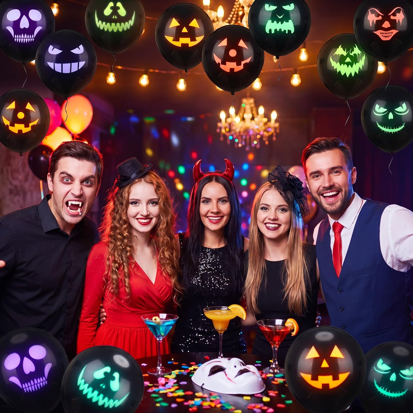 Kasyat 50 Pcs Halloween Neon Glow Ghost Balloons 12 Inches Black Light Reactive Fluorescent Latex Balloons Fluorescent for Halloween Funny Party Decoration