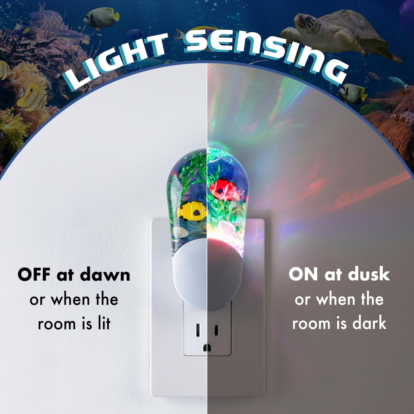 Lights By Night Tropical Aqualites LED Night, Plug-in, Color Changing, Light Sensing, Auto On/Off, for Kids, Under the sea, Fish, Bedroom, Bathroom, Playroom, 10908