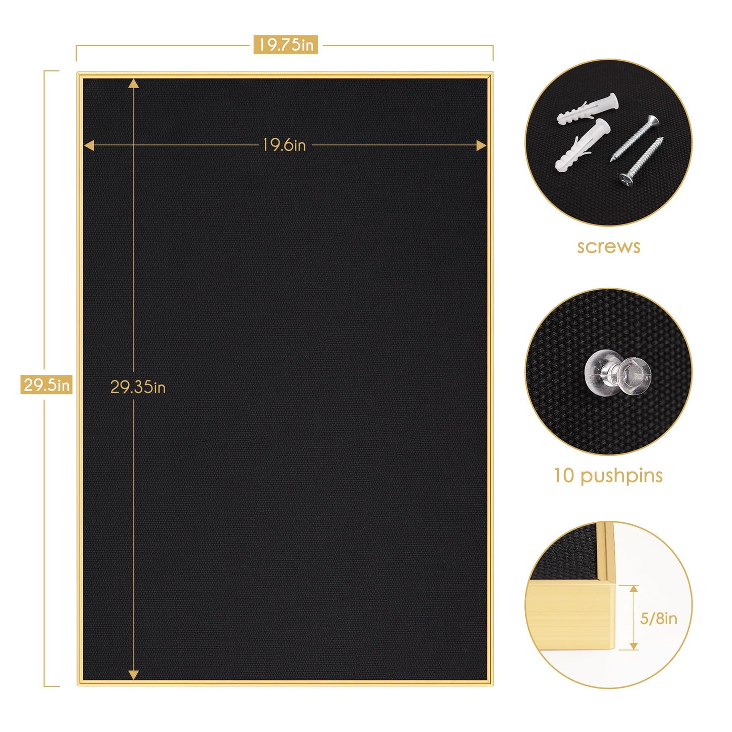 Lightomorrow Bulletin Board 30 x 20 inches, Black Pin Board, Golden Aluminum Framed Fabric Cork Board with 10 Push Pins