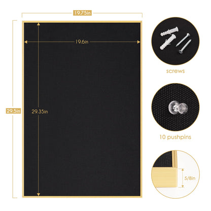 Lightomorrow Bulletin Board 30 x 20 inches, Black Pin Board, Golden Aluminum Framed Fabric Cork Board with 10 Push Pins