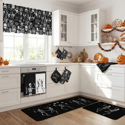 Fourluoo 16 Pcs Halloween Kitchen Decor and Accessories Set Black Skeleton Kitchen Towels and Dishcloths Non Slip Rugs Mats Oven Mitts and Pot Holders Scary Curtains Set for Home Decoration Gift