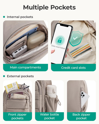 BAGSMART Small Sling Bag for Women, Puffer Crossbody Bag Purses Hobo Handbag Fanny Packs for Travel Hiking, Camel