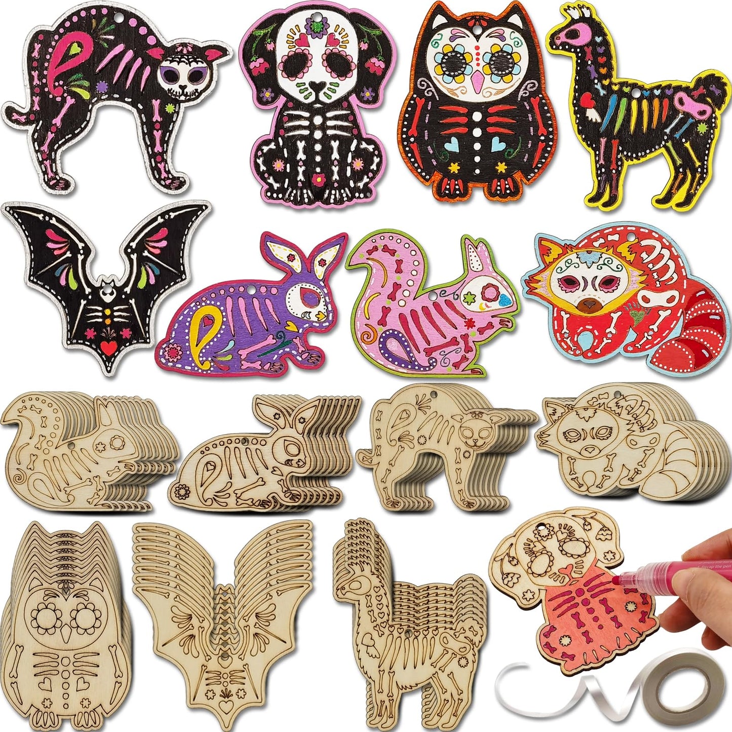 56 Sets Halloween Sugar Skull Crafts Day of Dead Animal Skeleton Unfinished Wooden Ornament DIY Painting Make Your Own Dia De Los Muertos Decorations Mexican Fiesta Blank Cutout Hanging Slices