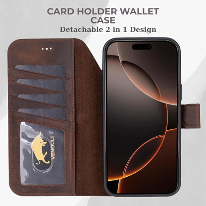 VENOULT Full Grain Genuine Leather Wallet Case for iPhone 17 Pro Max, 4 Card Holder Folio Cover, Business Style, Man or Women, Compatible with MagSafe, RFID Protected, Handmade (Vintage Brown)