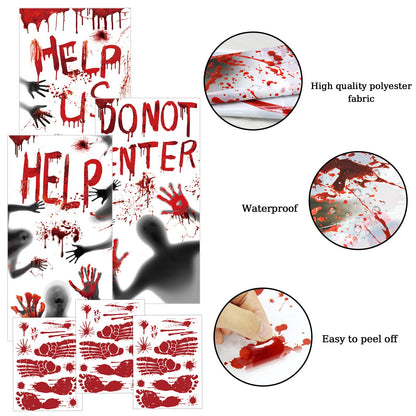 Bloody Halloween Decorations Door Cover Window Posters, Includes 1PCS Halloween Door Cover 2 PCS Halloween Window Posters and 3 Sheet Bloody Footprints Floor Clings for Halloween Decor