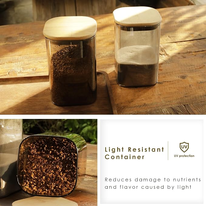 LIBWYS 4-Pack Anti-UV Square Glass Storage Jars with Bamboo Lids (1.22Qt) - Light Resistant Containers (LRC) for Pantry Organization, Coffee Beans, Loose Tea, Sugar, Pet Food | Kitchen Canisters Set