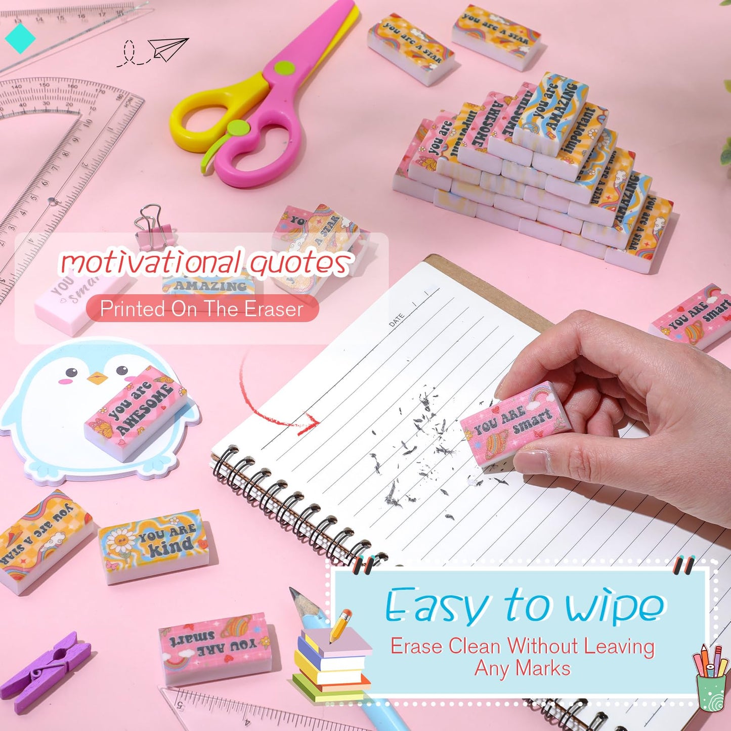Resurhang 180 Pcs Erasers Bulk for Kids Inspirational Pencil Erasers Bulk for Drawing Motivational Big Eraser School Supplies for Classrooms Back to School Office (Inspirational,Boho)