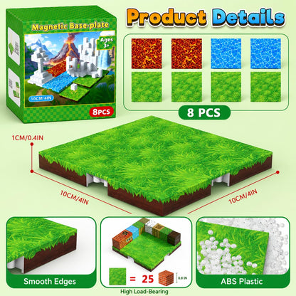Magnetopia 8PCS Magnetic Blocks Base Plate, 4" x 4" Powerful Magnetic Building Block Base Plates for Kids, Magnet Toys, STEM Learning Sensory Toys, Birthday Gifts for Boys & Girls Ages 3+