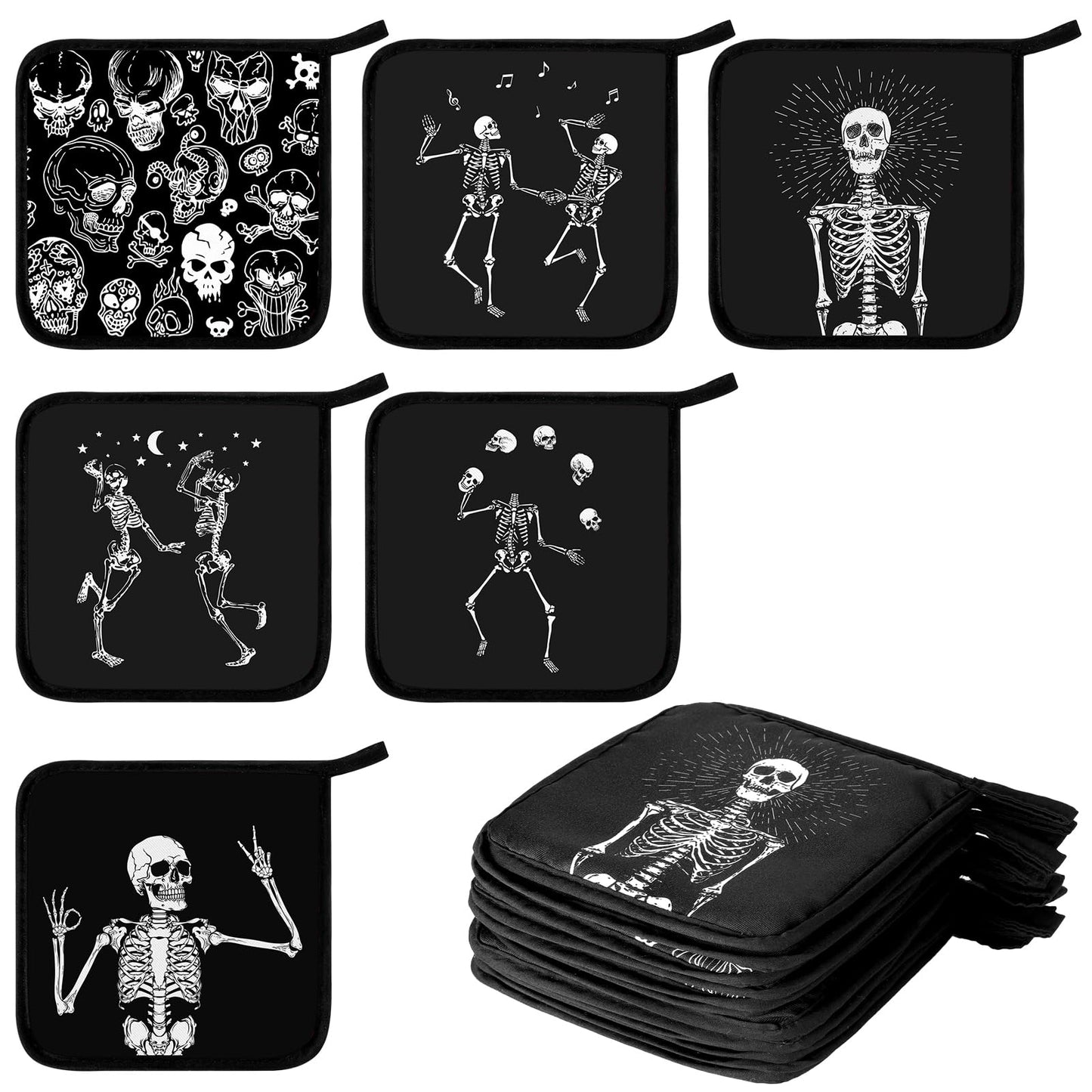 Bencailor 12 Pcs Pot Holders with Pocket Kitchen Hot Potholders Hot Pad Oven Mitts Cookie Bag Oven Gloves for Kitchen Gift Baking Cooking (Black,Skull 2)