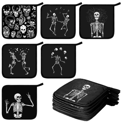 Bencailor 12 Pcs Pot Holders with Pocket Kitchen Hot Potholders Hot Pad Oven Mitts Cookie Bag Oven Gloves for Kitchen Gift Baking Cooking (Black,Skull 2)