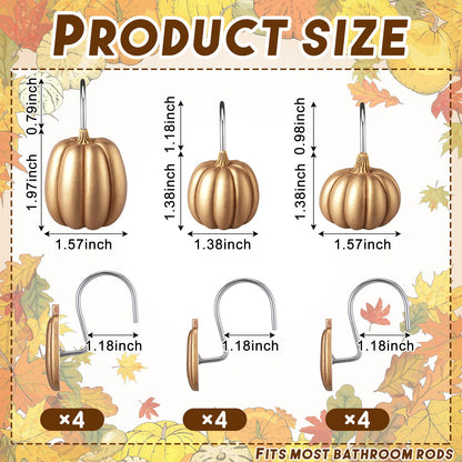 Weysat 12 Pcs Pumpkin Decorative Shower Curtain Hooks Fall Shower Curtain Rings Hanger Stainless Steel Resin Thanksgiving Bathroom Hook for Halloween Farmhouse Rustic Bathroom Decor(Gold,Pumpkin)