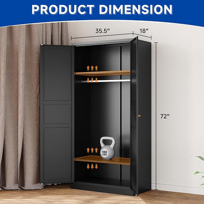 BYNSOE Metal Armoire Wardrobe Closet with 2 Doors 72'' Wardrobe Cabinet with Hanging Rail Metal Closet with Adjustable Shelves for Bedroom Require Assembly (Black, 72inch)