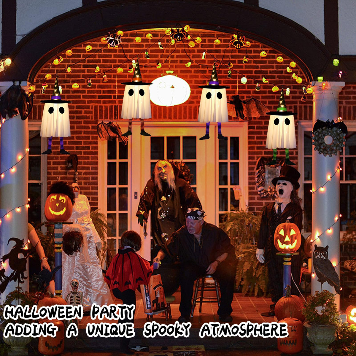 Set of 3 Halloween Hanging Ghosts, Halloween Decorations Outdoor Hanging Spooky Ghosts with Warm White LED Light, Glowing Ghost Witch Hat Lights Decor for Front Yard Lawn Garden Party Outdoor