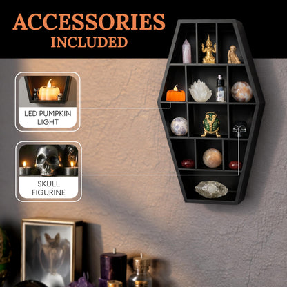 Gothic Curiosities Curio Coffin Shelf - Wooden Goth Decor for Display or Storage of Shot Glasses, Mini Figures, Rocks, and More - 17 by 9.75 by 2.75 Inches
