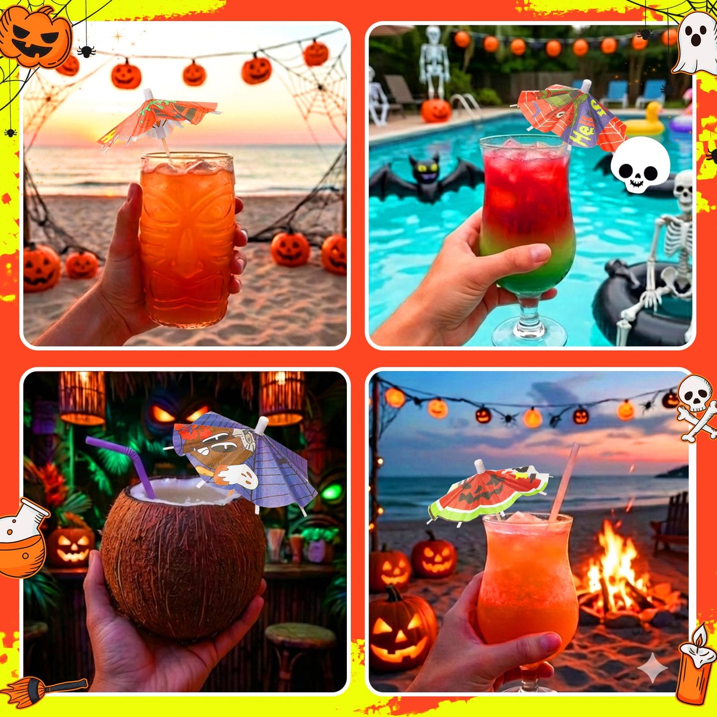 Ferrochef 100 Pcs Summer Halloween Cocktail Umbrellas Picks - Halloween in July Drink Decoration & Cupcake Toppers - Tropical Spooky Summer Paper Parasols Picks for Hawaiian Pool Beach Party Decor