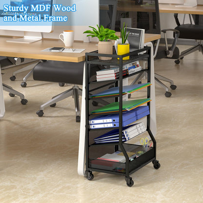 ThreeHio 7 Tier Rolling File Cart with Sliding Trays, Wood Metal File Organizer Beside Desk, Free-Standing File Holder, Paper Letter Tray Organizer Mesh Desk Organizer for Home Office School (Patent)
