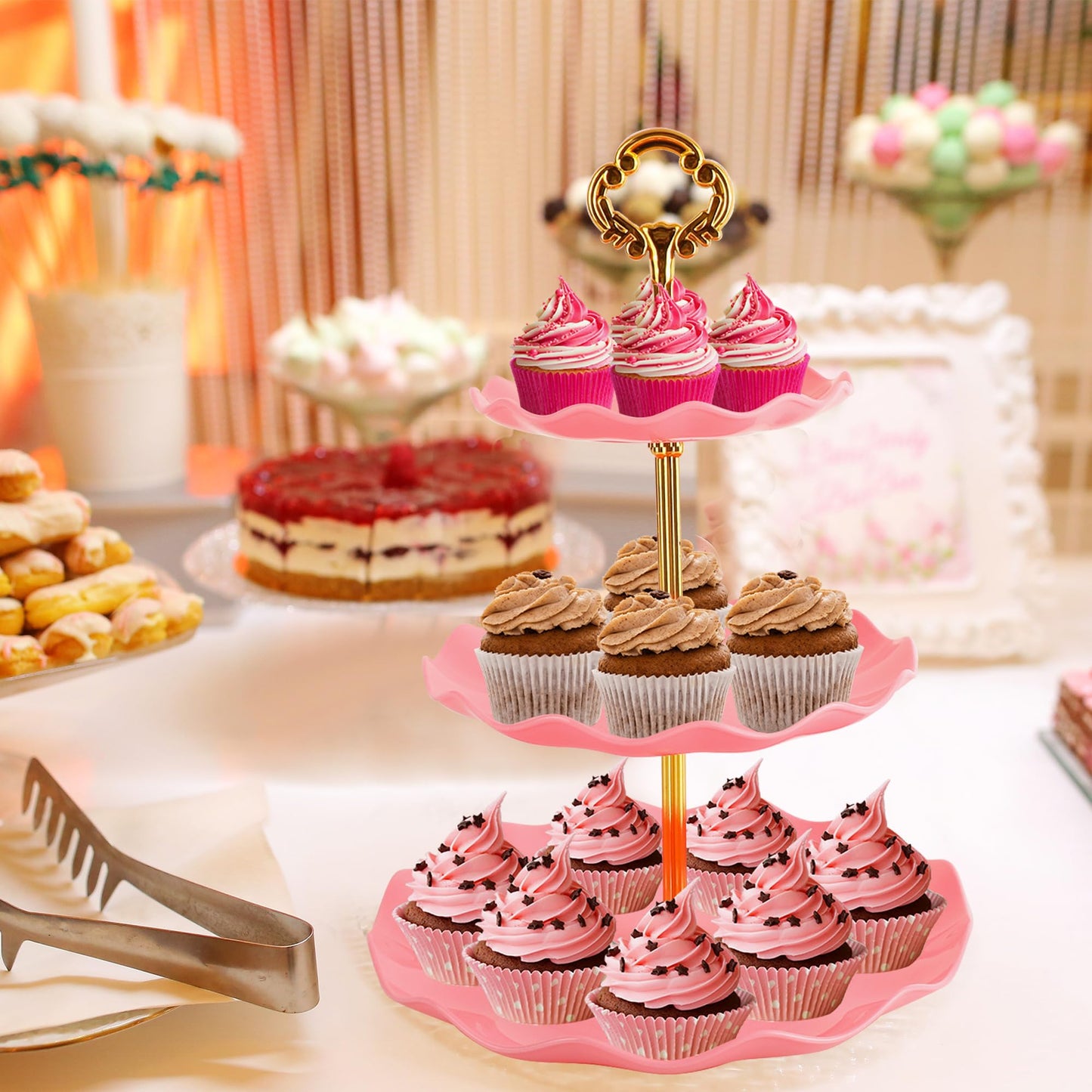 6 Pcs Cupcake Stand Set - Pink Plastic Dessert Table Display Set, 2X Pink Round 3 Tier Cupcake Display Stands Cookie Tray Rack Serving Tower & 4X 14 in Plastic Trays for Wedding Baby Shower Tea Party