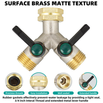 DINGBAI Hose Splitter 2 Way Heavy Duty, Brass Garden Hose Splitter, Faucet 2 Way hose connector, long handle 2 Way Splitter, Outdoor Faucet Splitters, Y Valve 3/4" GHT Thread.