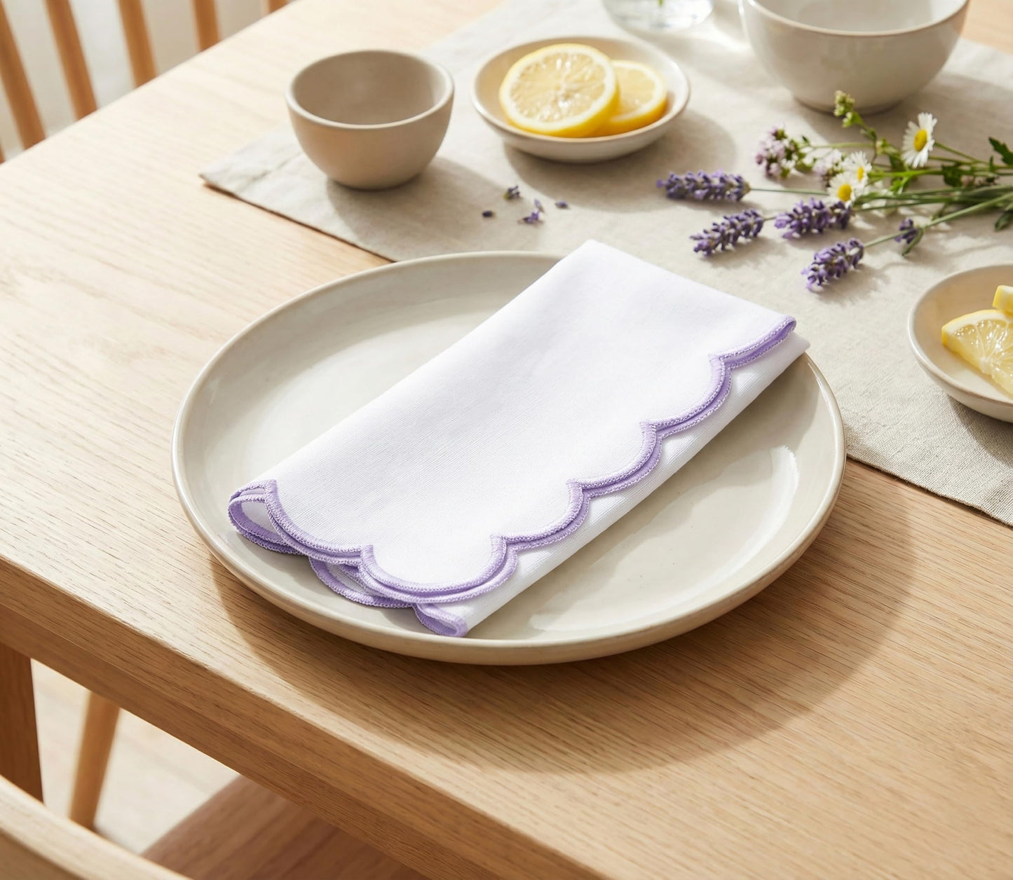 PurpleEssences Scalloped Embroidery Cloth Napkins - Spring Easter Summer - Table Decor - 100% Cotton - Set of 4-18x18 inch (White(Edges- Lavender), 18 x 18 Inch)