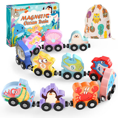 Zeoddler Toys for Toddlers, 11 Magnetic Wooden Sea Animals Train Set, Montessori Toys for Toddlers, Educational Activities for Kids, Birthday Gifts for Boys, Girls