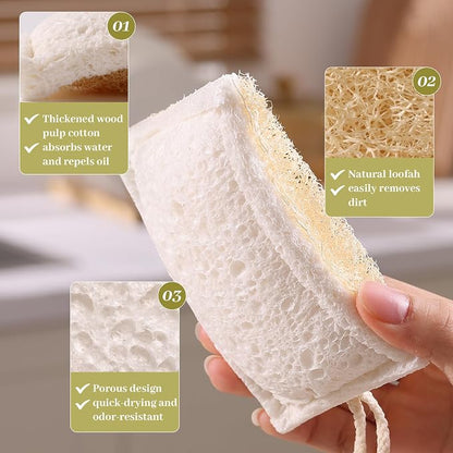 JOYMOOP Compressed Cellulose & Loofah Scrubbers, Non-Scratch Scrub Sponge, Kitchen Sponges for Dishes, 12-Pack, Dual-Sided Dish Sponge for Nonstick Cookware & All Surfaces