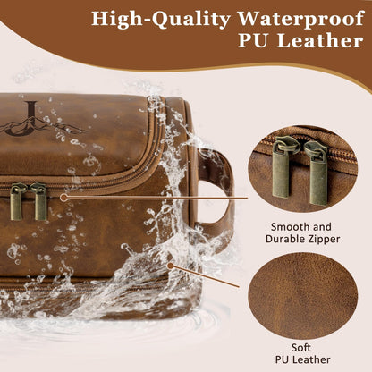 Aganmi Personalized Toiletry Bag Fathers Day Birthday Gifts for Men Dad Husband, Custom Initial Waterproof PU Leather Toiletry Organizer Dopp Kit Shaving Bag Travel Essential for Him Light Brown J