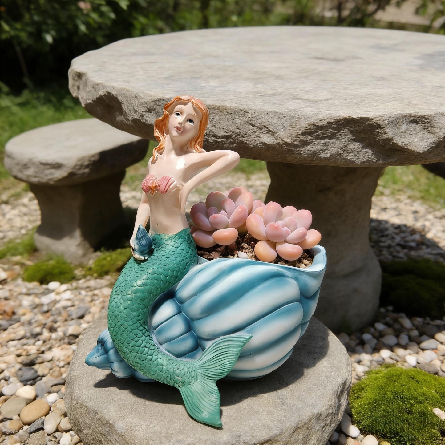KARSTSYLVA Mermaid Resin Planter Statue, Conch Base Succulent Flower Pot for Home Garden Nautical Decor (Blue)