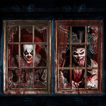 Newwiee 2 Pcs Scary Halloween Curtain Window Silhouette Cover Decoration Theme Poster for Indoor Outdoor Party Wall Door(Blood Clown)