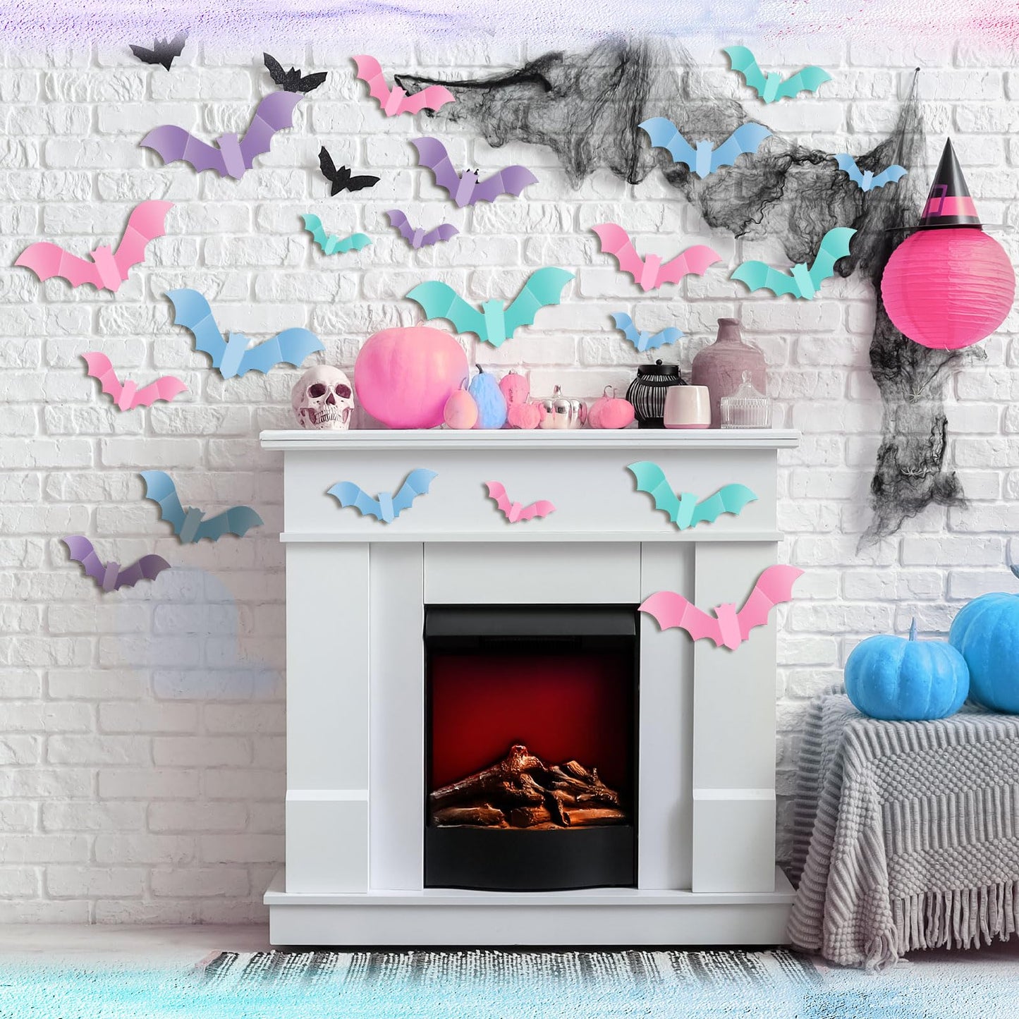 TaoBary 64 Pcs Pastel Halloween 3D Bats Wall Decor 4 Different Sizes Pastel Reusable PVC Scary Bat Stickers for Home Door Window Party Decorations