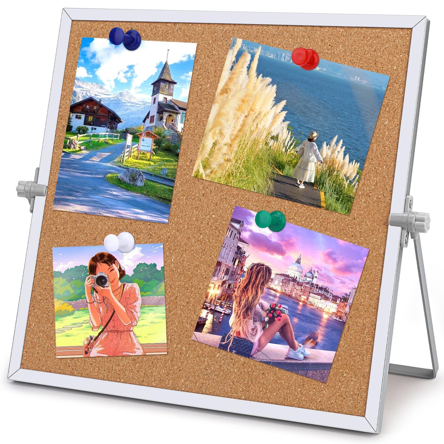 kdafio 11.81"×11.81" Cork Board Bulletin Board, Double Sided Pin Board with Silver Aluminum Border, Desktop Small Cork Board with Stand Suitable for Home, Office, Desk Message Board or Picture Board