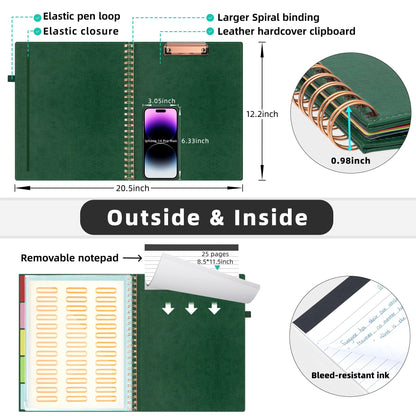 Ospelelf Leather Clipboard Folio with Notepad for Letter Size, Spiral Clipboard Folder with Storage Zipper Pouch, 5 Folders with 10 Pockets, 39 Divider Label Stickers, Pen Loop Series (Green)