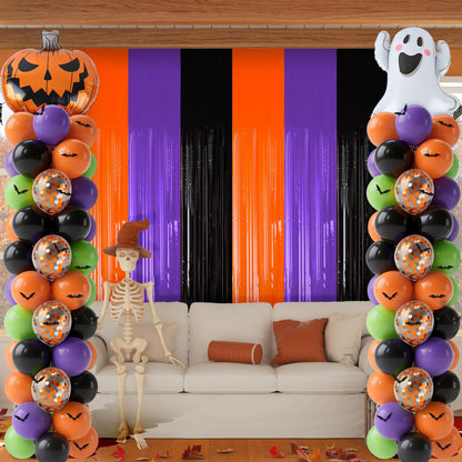 2 Sets Halloween Balloon Column Stand Kit 3.3 X 6.6 ft Photo Backdrop With Ghost Pumpkin Balloon Black Orange Purple Green Balloons with Bases for Halloween Day Theme Party Decorations