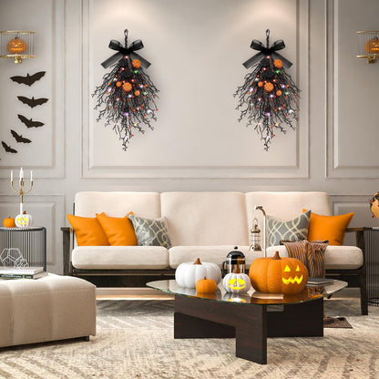 2 PCS Halloween Wreaths Halloween Floral Teardrop Swags Hanging Swag Plants Black Garland with Pumpkin Berries and 9.8ft Lights for Indoor Outdoor Party Wall Home Room Fireplace Porch Window Decor