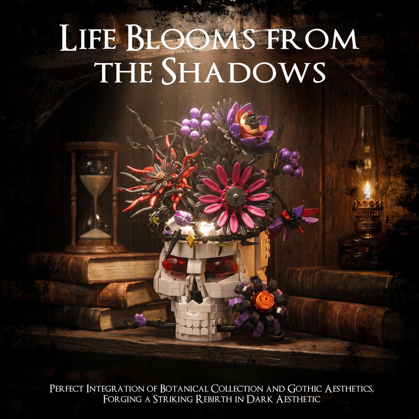 Skull Flower Bouquet Building Set, Wildflower Botanical Collection Kit for Adult Women, Horror Gothic Skeleton Decor for Goth Home Table Art Decor, Girlfriend/Mom/Wife/Couple Halloween Birthday Gift