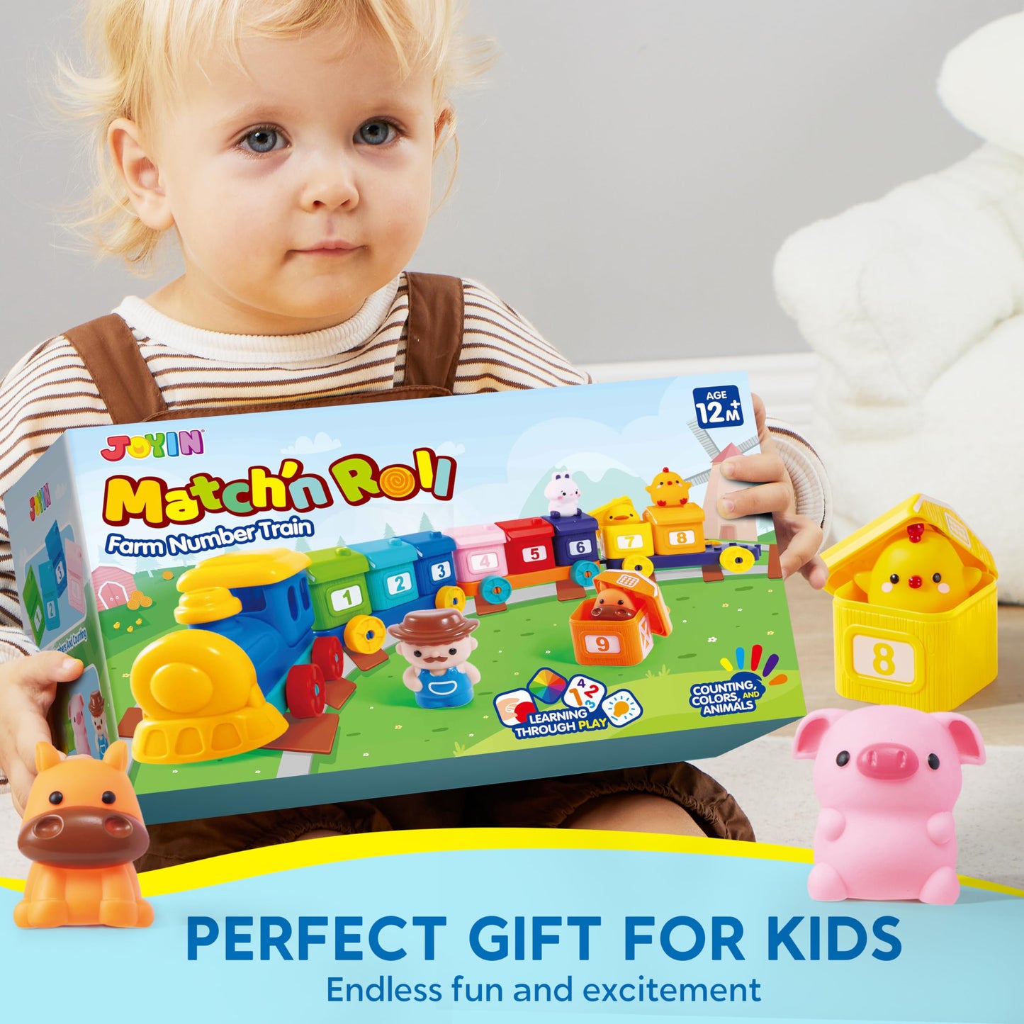 Play-Act Learning Toy for Toddlers 1 2 3 Years Old, Counting, Matching & Sorting Montessori Learning Farm Train Including 9 Farm Animals, Birthday Gift for Baby Boys Girls