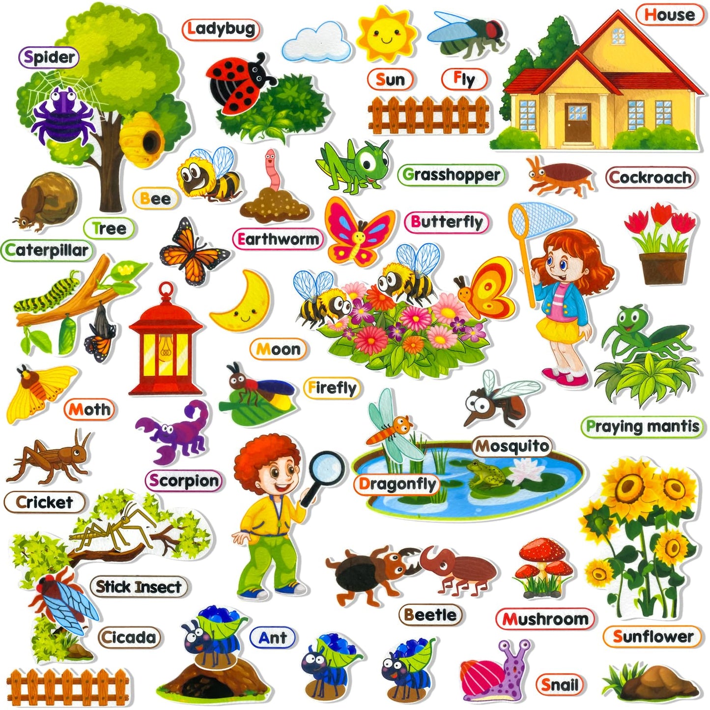 PENGFULL Felt Flannel Board Story Pieces for Toddlers Preschool,Kids Interactive Storytelling Teaching Play Kits for Flannel Board,with Words Felt Pieces(Insect Butterfly)